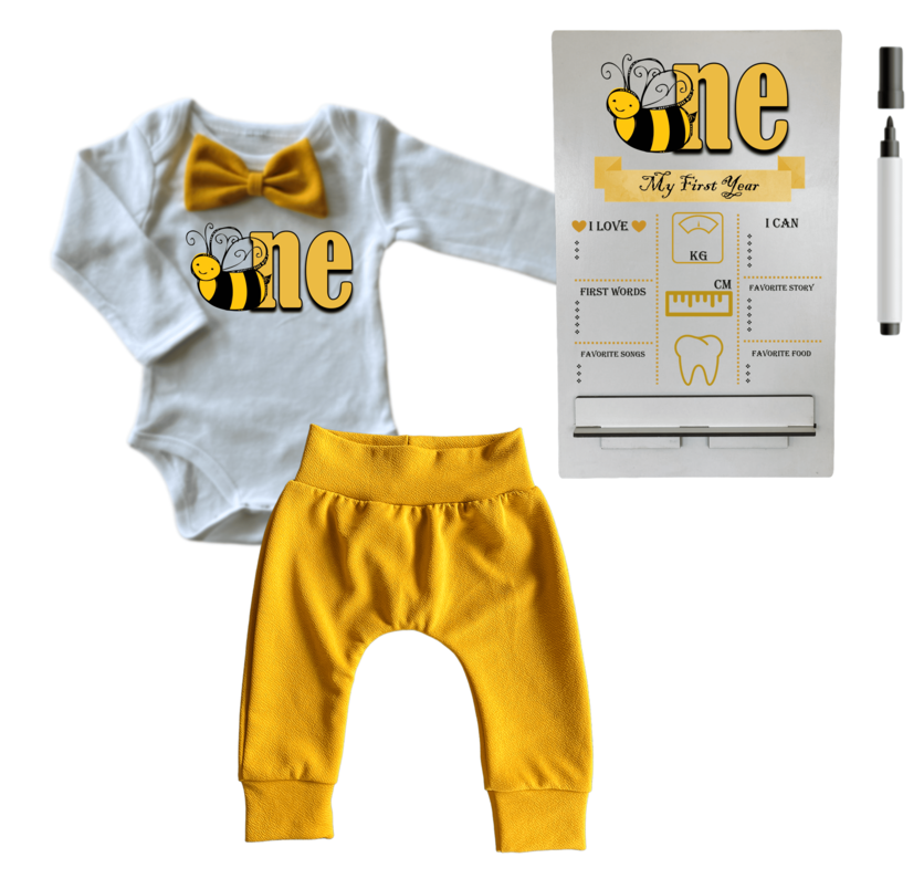 1st Birthday | Long sleeve pants & Bowtie vest | Milestone Sign | Mustard | Bee One