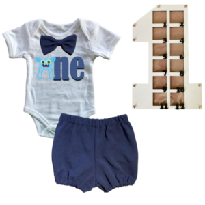 1st Birthday | Bubble pants & Bowtie vest | Photo Frame  | Navy | Monster