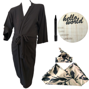 Mom & Me Hospital  Set | Printed Gown, Swaddle & Birth Announcement Board | Black Leaves