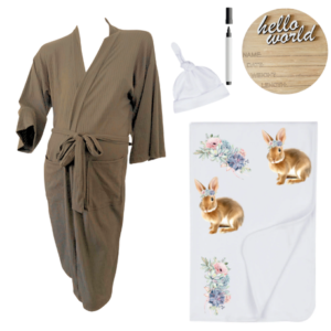 Mom & Me Hospital  Set | Gown, Swaddle & Birth Announcement Board| Pastel Floral Bunny