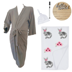 Mom & Me Hospital  Set |Gown, Swaddle & Birth Announcement Board|Grey Floral Bunny