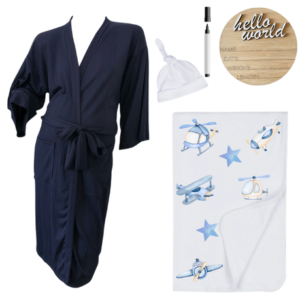 Mom & Me Hospital  Set |Gown, Swaddle & Birth Announcement Board |Helicopters & Planes