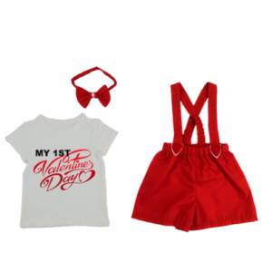 My First Valentines|Red Boy Shorts, Shirt, Suspenders & Bowtie