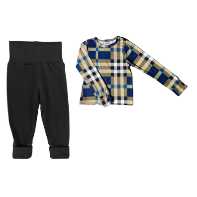 Baby|Toddler|Kids Pajamas|Foldover Set|Mustard & Black & - Black & Checkered