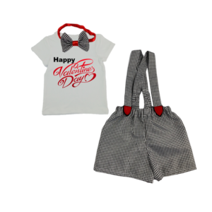 Happy Valentine's|Black Check Boy Suspender Shorts, Shirt & Bowtie