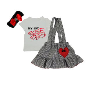 1st Valentine's|Girl | Black Check Dress, Shirt & Headband