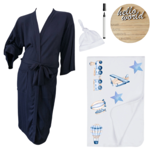 Mom & Me Hospital  Set |Gown, Swaddle & Birth Announcement Board |Trains &Planes