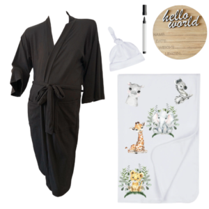 Mom & Me Hospital  Set |Gown, Swaddle & Birth Announcement Board| Neutral Wild one