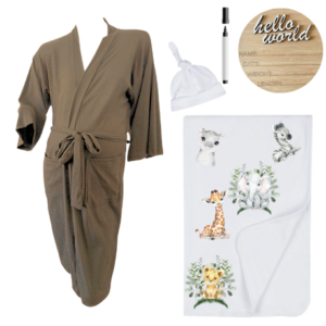 Mom & Me Hospital  Set |Gown, Swaddle & Birth Announcement Board|Neutral Wild One