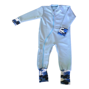 Easy Over Babygro | With Fold over Mittens | Baby Blue & Camo