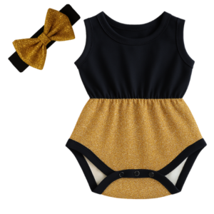 Baby | Glitter Romper One-Piece & Matching Headband | Black & Gold