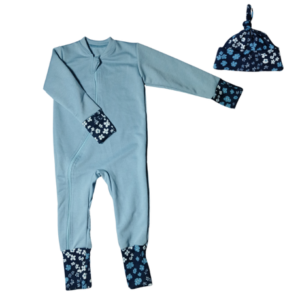 Easy Over Zip Baby grow | With Fold over Mittens & Knot hat | Navy Flowers