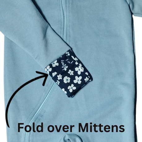 Easy Over Zip Baby grow | With Fold over Mittens & Knot hat | Navy Flowers - Image 3