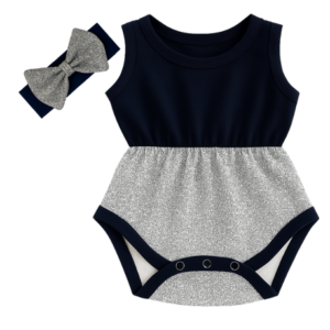 Baby | Glitter Romper One-Piece & Matching Headband | Navy & Silver