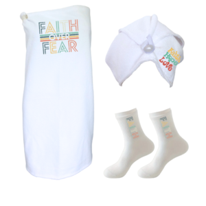 Ladies Appreciation Gift |Wrap,Hair Towel&Non-Slip Socks| Faith Over Fear