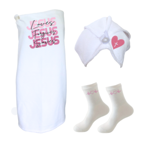 Ladies Appreciation Gift |Wrap,Hair Towel&Non-Slip Socks| JESUS LOVES