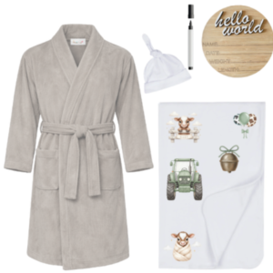 Mom & Me Hospital Set |Winter Gown, Swaddle & Birth Announcement Board|Farmer Green