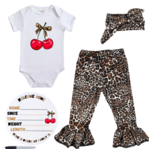 Newborn-Cherry Leopard Going Home Outfit & Milestone board