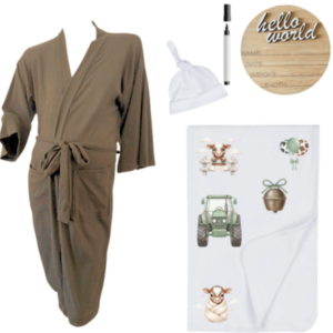 Mom & Me Hospital  Set |Gown, Swaddle & Birth Announcement Board| Farmer Green