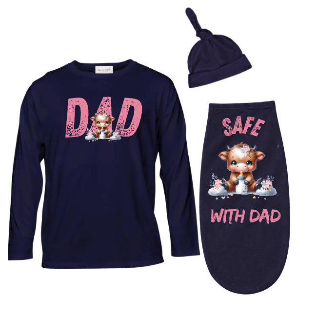 Baby & Dad | Long Sleeve T-shirt & Baby Swaddle Cocoon | Eng | Highland Cow Girl