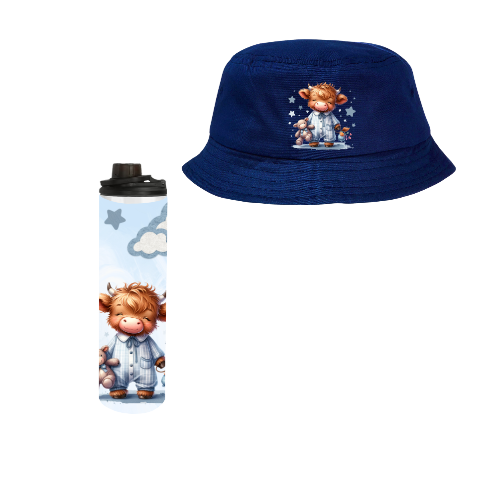 Baby | Toddler | Themed Double Walled Water Bottle & Bucket Hat | Highland Cow Boy