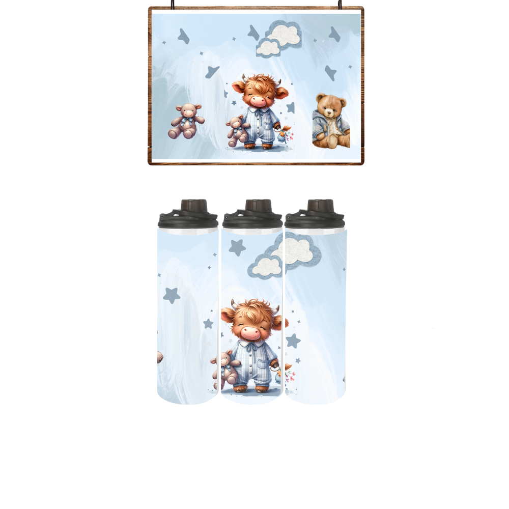 Baby | Toddler | Themed Double Walled Water Bottle & Bucket Hat | Highland Cow Boy - Image 3
