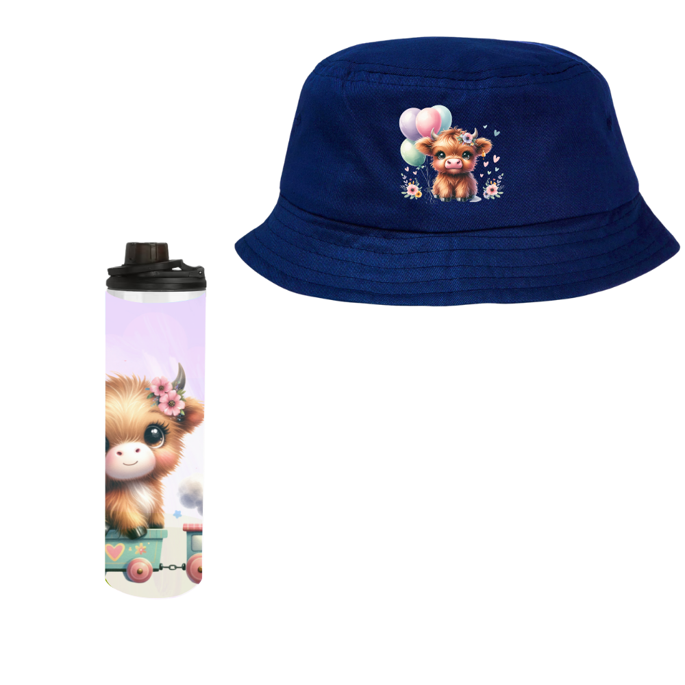 Baby | Toddler | Themed Double Walled Water Bottle & Bucket Hat | Highland Cow Navy