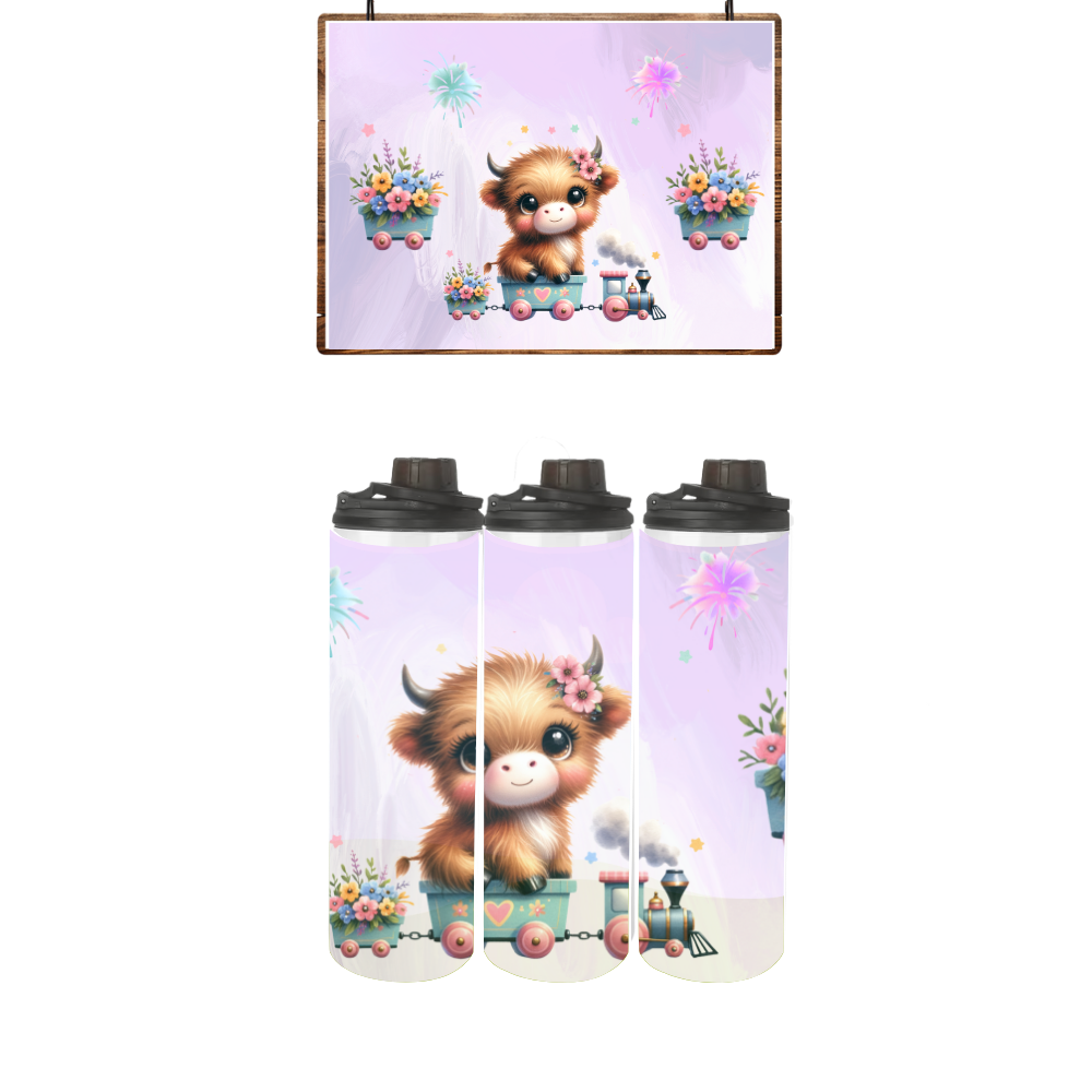 Baby | Toddler | Themed Double Walled Water Bottle & Bucket Hat | Highland Cow Navy - Image 3