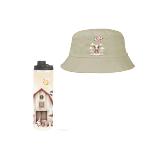 Baby | Toddler | Themed Double Walled Water Bottle & Bucket Hat | Farmer Pink