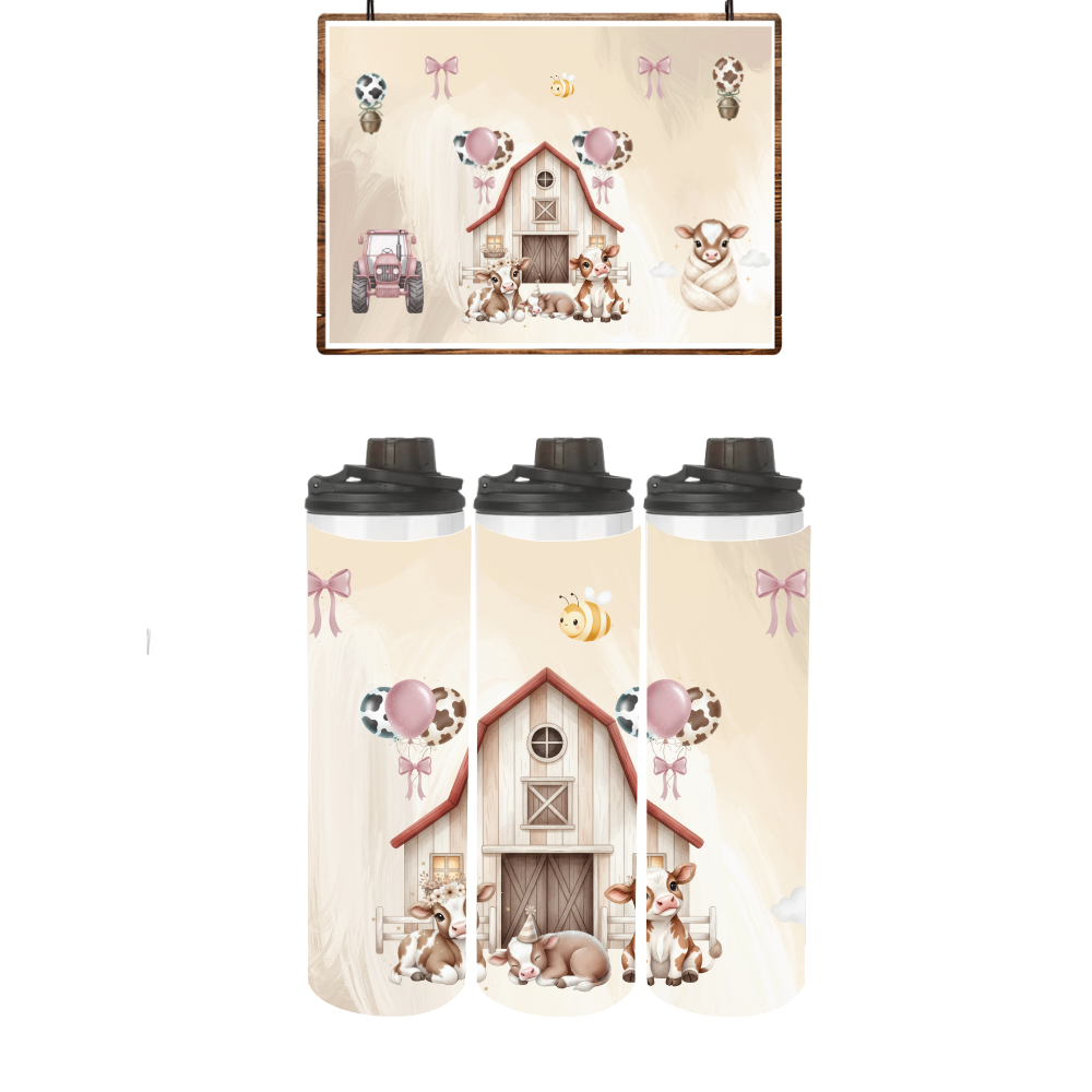 Baby | Toddler | Themed Double Walled Water Bottle & Bucket Hat | Farmer Pink - Image 3