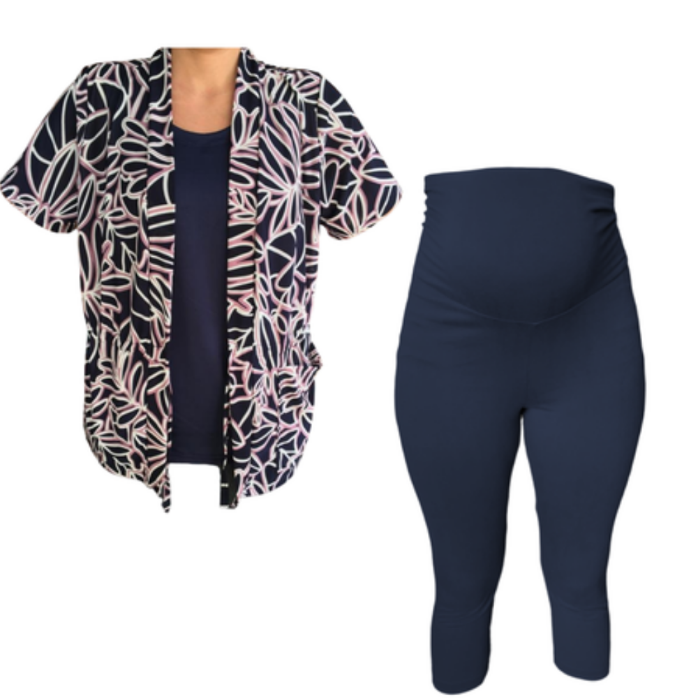 Maternity Extra Length Cardigan FDY & Capri Legging - Plum and Navy