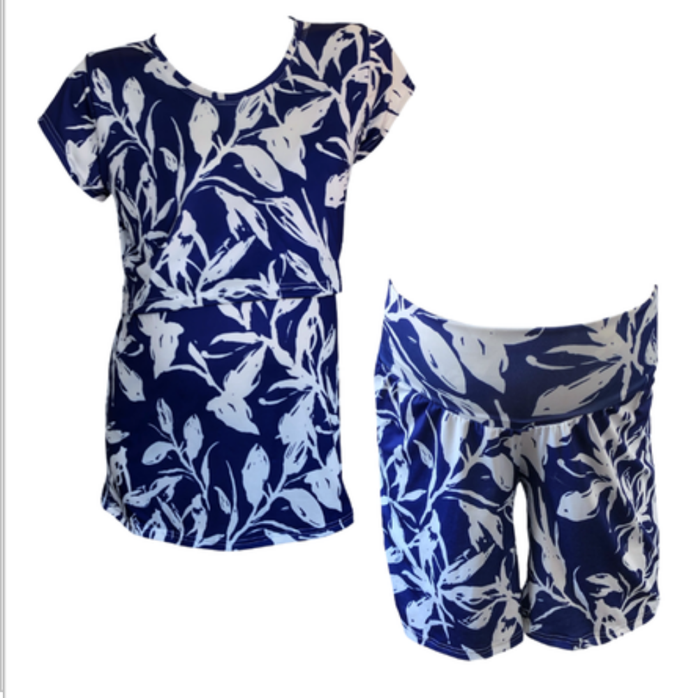 Maternity & Nursing |T-Shirt with Maternity Shorts | Blue|White Leaves