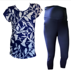 Maternity & Nursing T-Shirt with Capri leggings |Blue|White Leaves & Navy