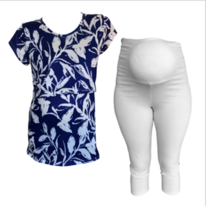 Maternity &Nursing T-Shirt with Capri leggings |Blue-White Leaves & White