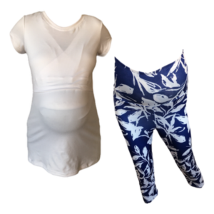Maternity &Nursing T-Shirt with Capri leggings |White & Blue|White Leaves