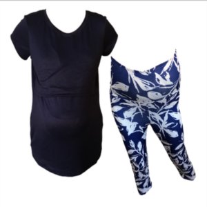 Maternity &Nursing T-Shirt with Capri leggings |Navy & Blue|White Leaves