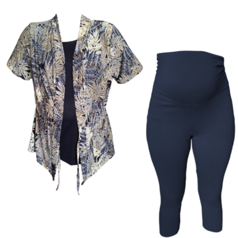 Maternity Extra Length Cardigan FDY & Capri Legging | Navy and Gold