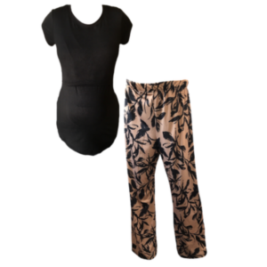 Maternity & Nursing |T-shirt and Wide leg pants Blue|Black Leaves