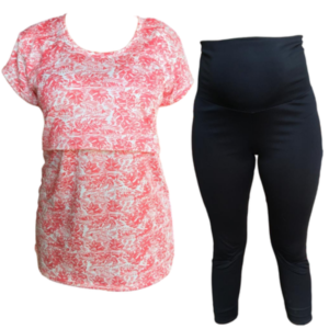 Maternity & Breastfeeding Cap Sleeve Shirt & Capri Legging |Black & Coral Leaves
