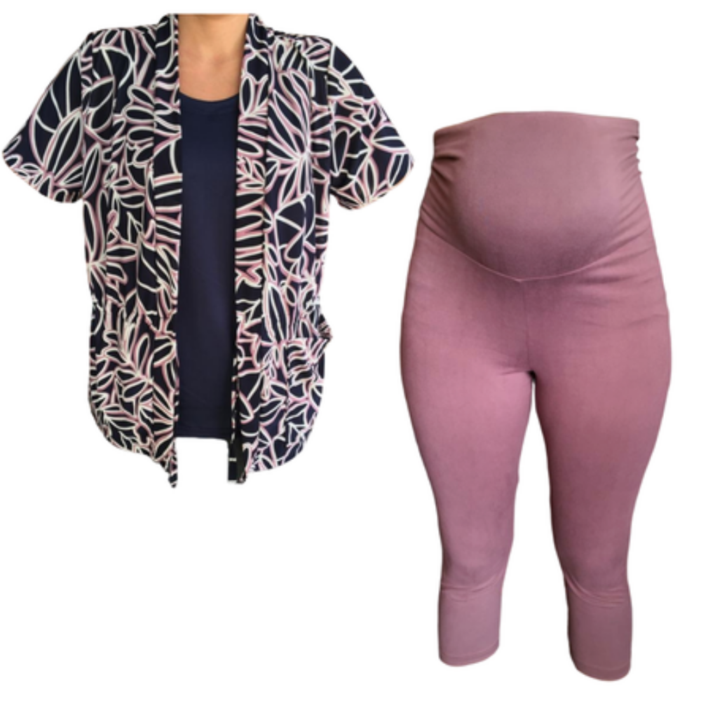 Maternity Extra Length Cardigan FDY & Capri Legging | Navy and Plum