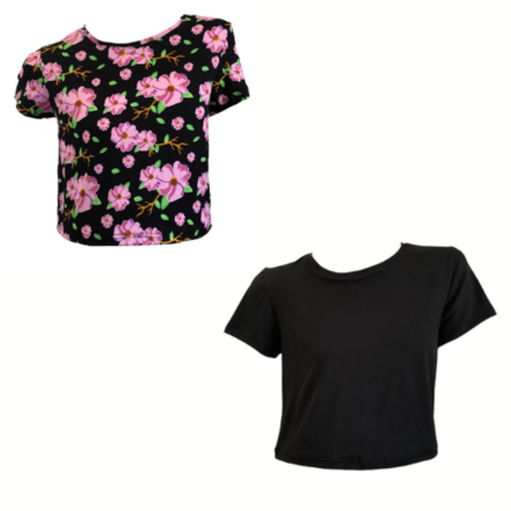 Maternity| 2-Pack Short| Sleeve Crop Tops | Black Flowers & Black