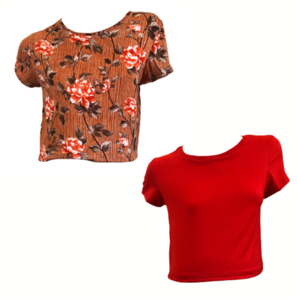 Maternity| 2-Pack Short| Sleeve Crop Tops | Orange Flowers & Red