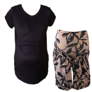 Maternity & Nursing |T-Shirt with Maternity Shorts |Black & StoneBlack Leaves