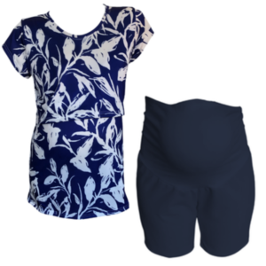 Maternity&Nursing T-Shirt with Maternity Shorts|Blue|White Leaves & Navy