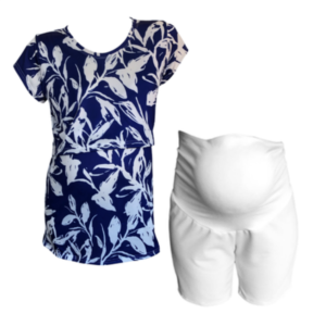 Maternity & Nursing |T-Shirt with Maternity Shorts | Blue|White Leaves & Whit