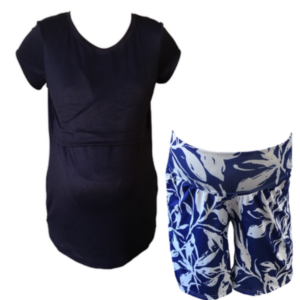 Maternity & Nursing |T-Shirt with Maternity Shorts | Navy & Blue|White Leaves