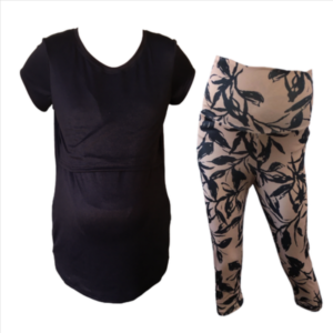 Maternity &Nursing T-Shirt with Capri leggings |Black & Stone|Black Leaves