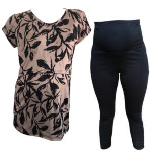 Maternity &Nursing T-Shirt with Capri leggings | Stone Black Leaves & Black