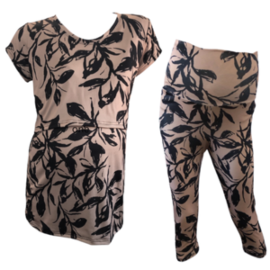 Maternity &Nursing T-Shirt with Capri leggings |  Stone|Black Leaves