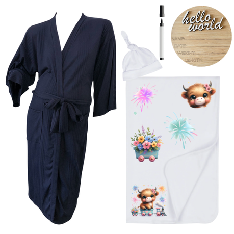 Hospital Set | Mom & Me | Navy Summer Gown, Swaddle Birth Ann | HIGHLAND COW GIRL
